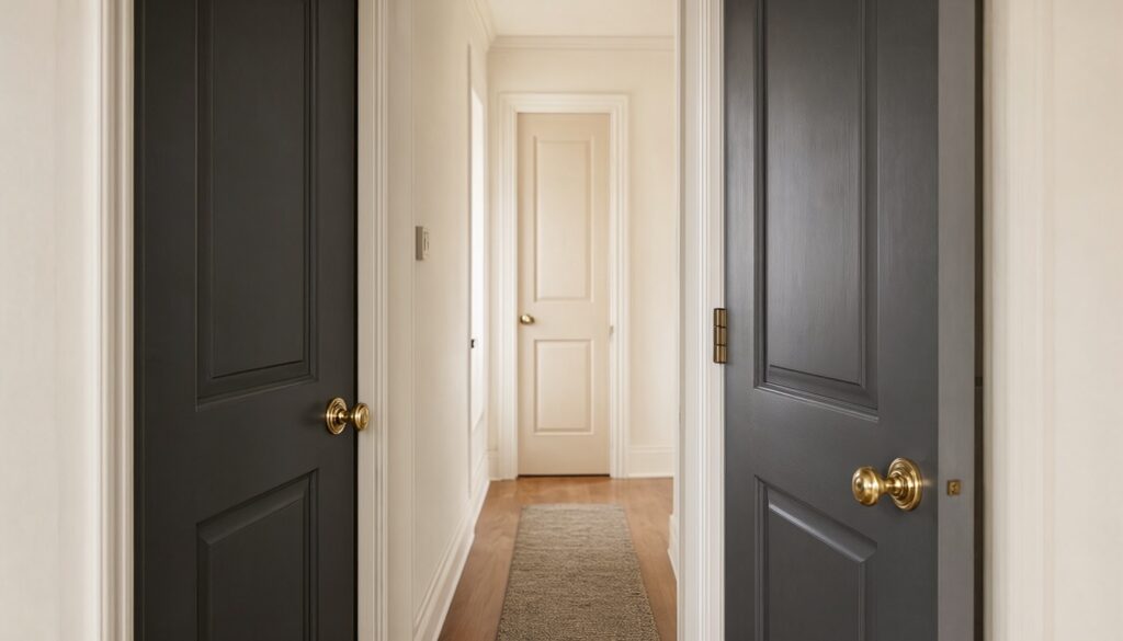Hallway with paneled interior doors painted deep charcoal against white walls, with brass knobs