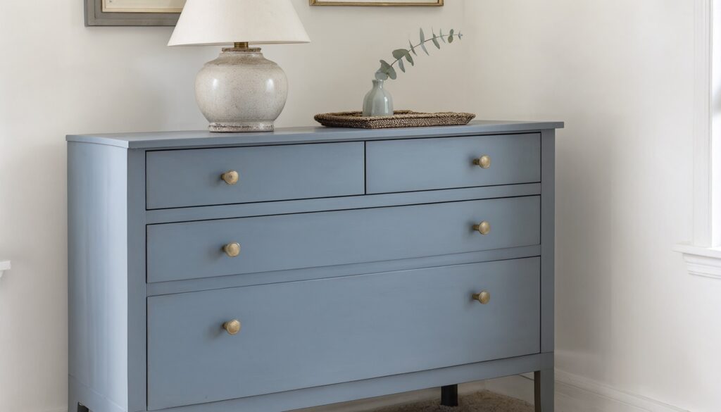 Thrifted wooden dresser repainted dusty blue with brass knobs, topped with a lamp and a small vase