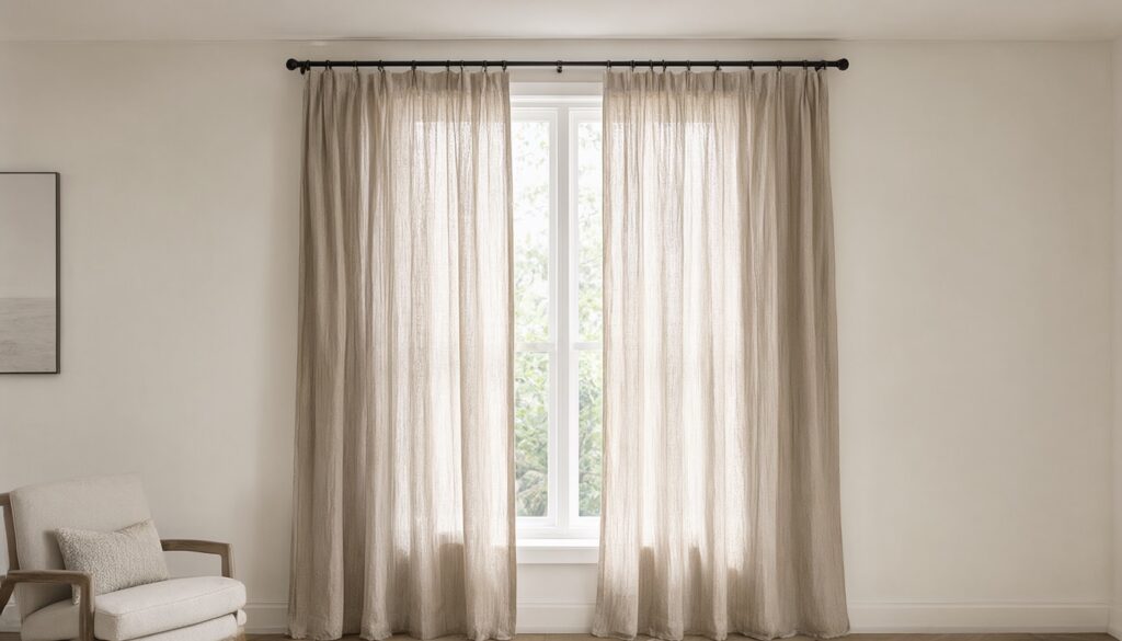 Floor-length linen curtains on a rod mounted near the ceiling and extended past the window frame