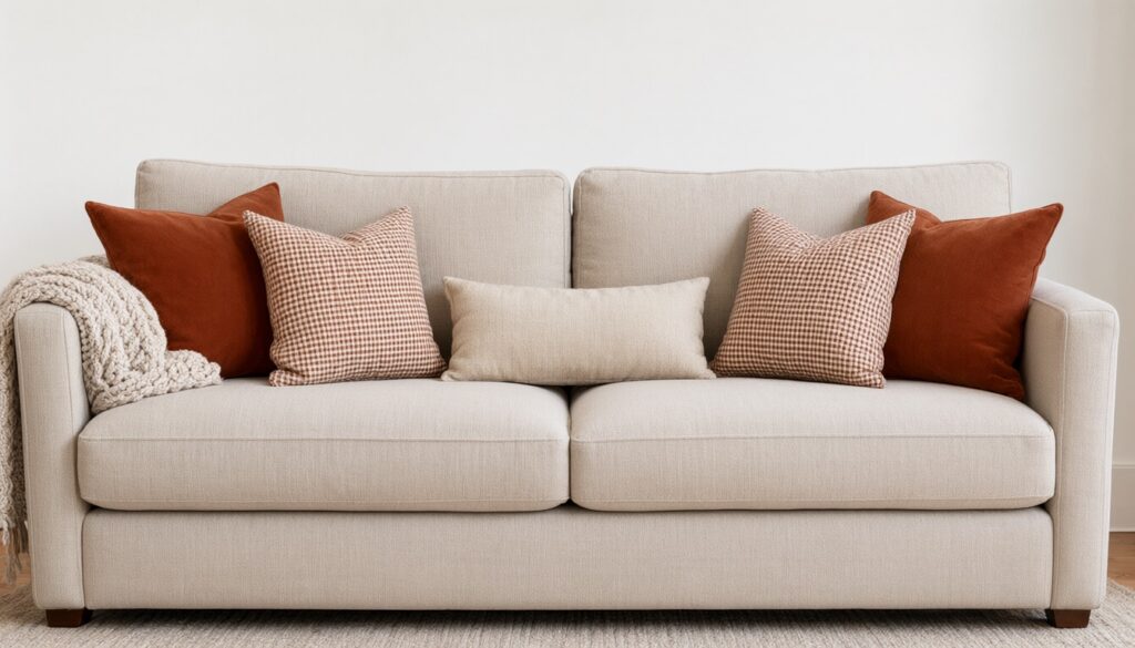 Sofa with throw pillows in rust velvet, a small cream-and-rust check and natural linen