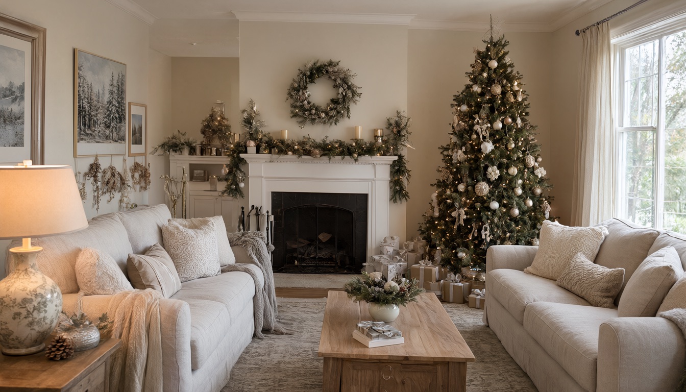 A decorated Christmas living room with tree, dressed mantel and warm lamp light in the evening