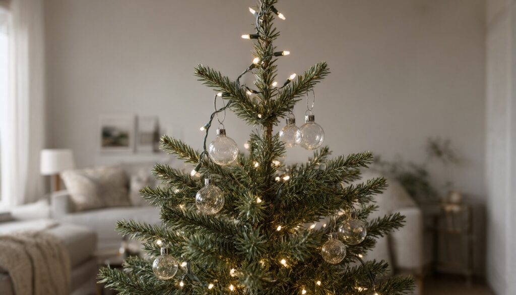 Close-up of a decorated green Christmas tree branch: warm white string lights wrapped along the branch from the tip toward the trunk, with glass ball ornaments in two sizes layered deeper and shallower among the needles, cozy living room softly blurred behind.