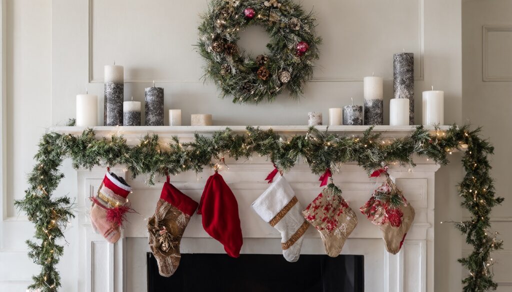 Dressed mantel with garland, wreath centered, varied candle heights and stockings