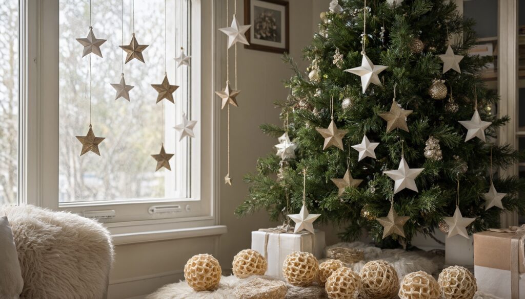 Paper stars hanging in a living room window and honeycomb balls at the base of the tree