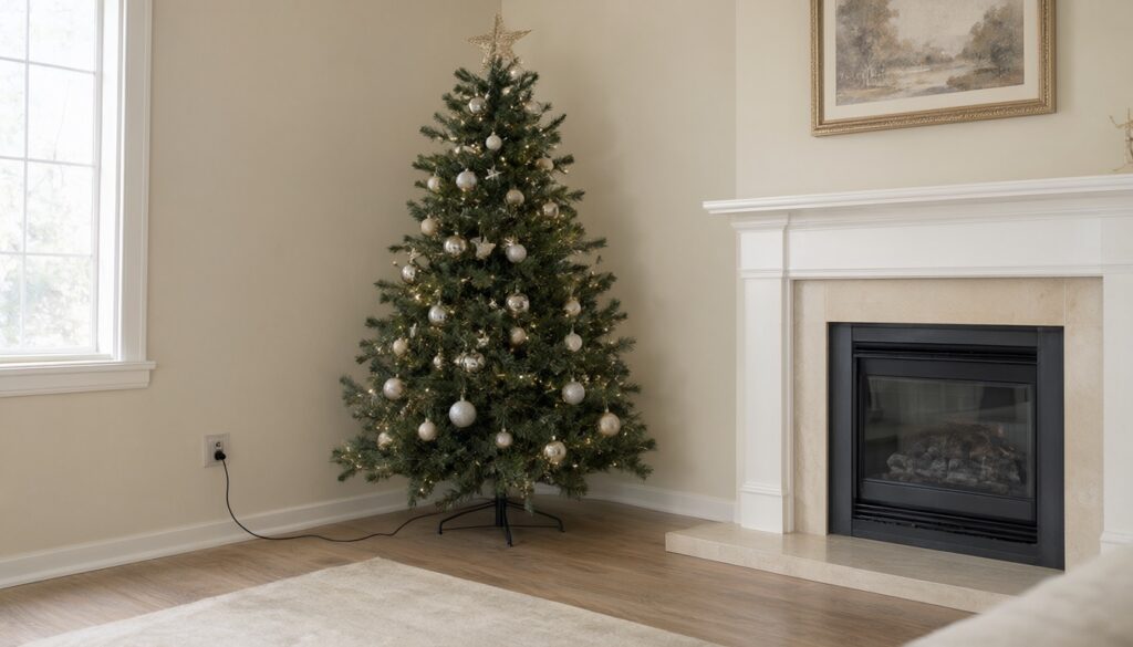 A decorated Christmas tree standing in the corner of a living room, placed a safe distance from a fireplace on the other side of the room, with its light cord neatly tucked along the baseboard to a wall outlet