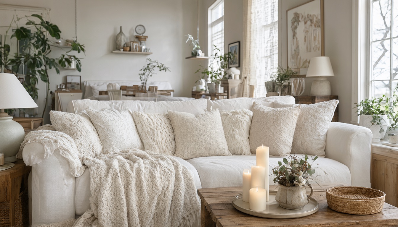 A living room in January with greenery, white and cream throws, candles and no obvious Christmas items
