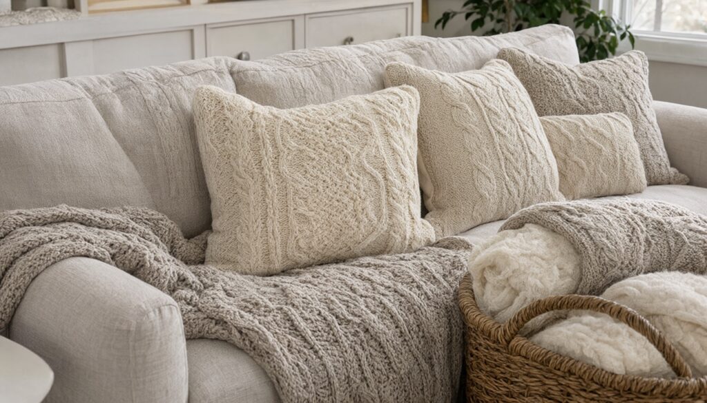 Cozy January living room with greenery, cream throws and candles