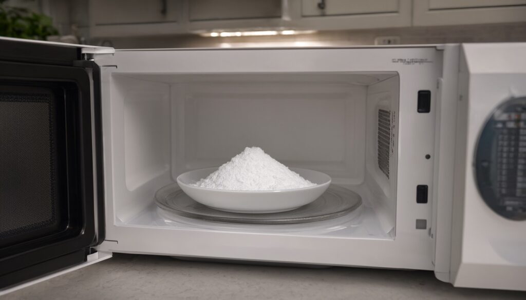 Shallow dish of baking soda sitting in a clean microwave overnight to absorb odors