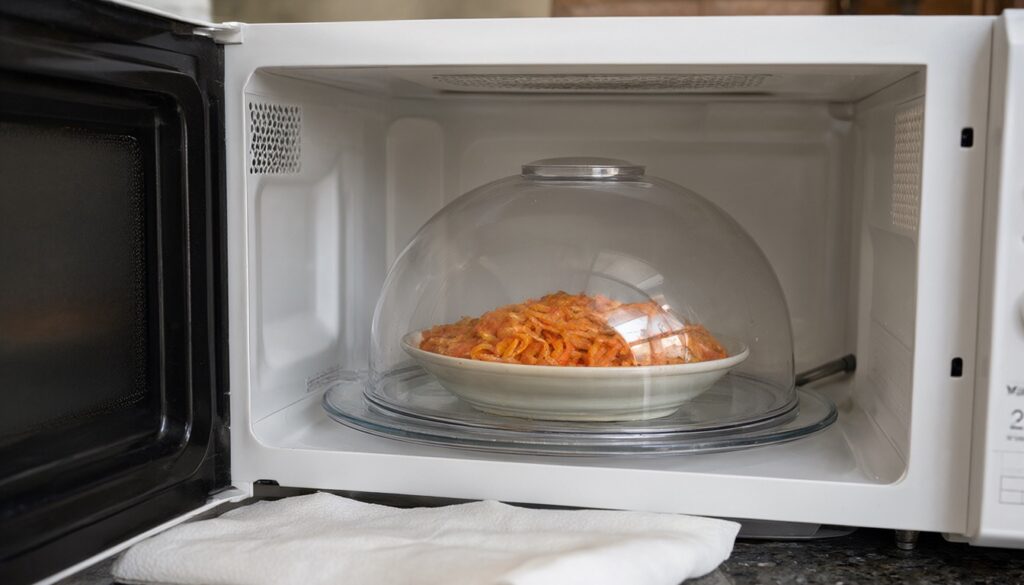 Vented plastic splatter cover over a bowl of pasta on a microwave turntable