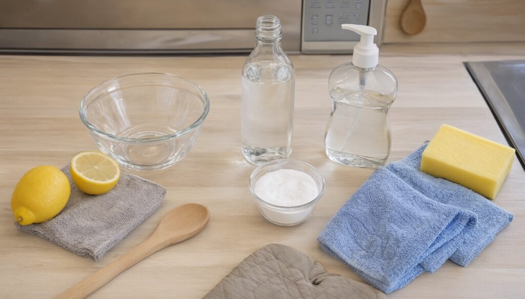 Microwave cleaning supplies on a counter: glass bowl, lemon, vinegar, baking soda, dish soap, cloths, sponge, wooden spoon