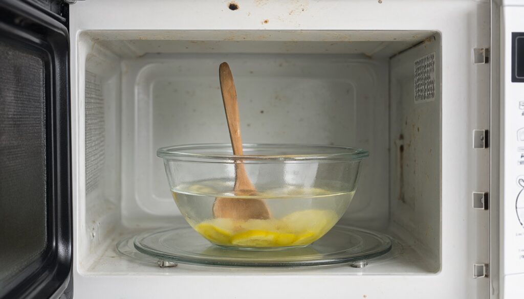 Glass bowl of water and lemon with a wooden spoon in it, set on a microwave turntable before steaming