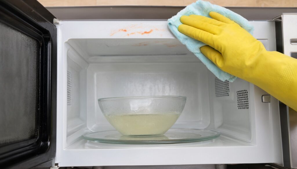 Gloved hand wiping softened food splatter off a microwave ceiling with a damp microfiber cloth after steaming