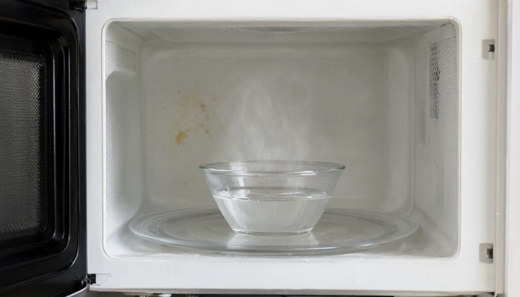 Steaming bowl of water and white vinegar in a microwave with condensation fogging the interior walls
