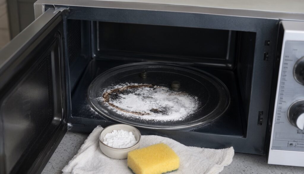 Baking soda paste spread over a baked-on stain inside a microwave, with a bowl of baking soda and a non-scratch sponge