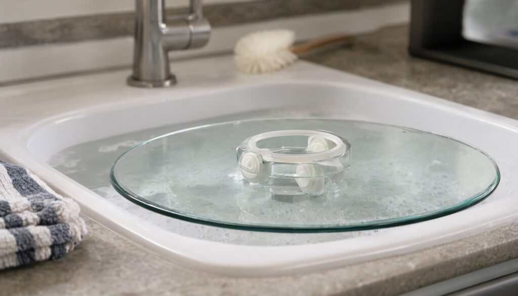 Glass microwave turntable and roller ring soaking in warm soapy water in a kitchen sink