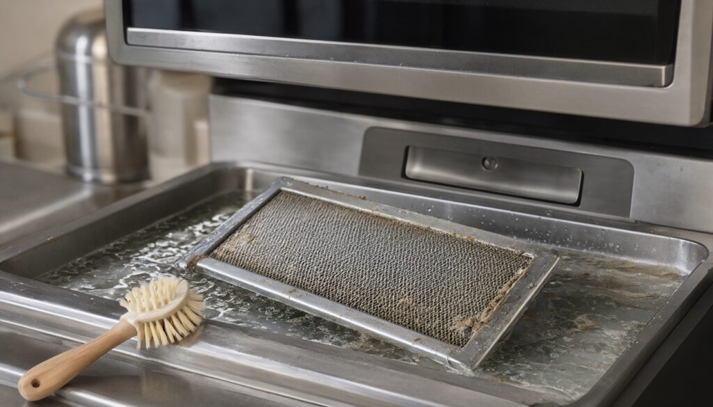 Metal mesh grease filter from an over-the-range microwave soaking in hot soapy water in a sink
