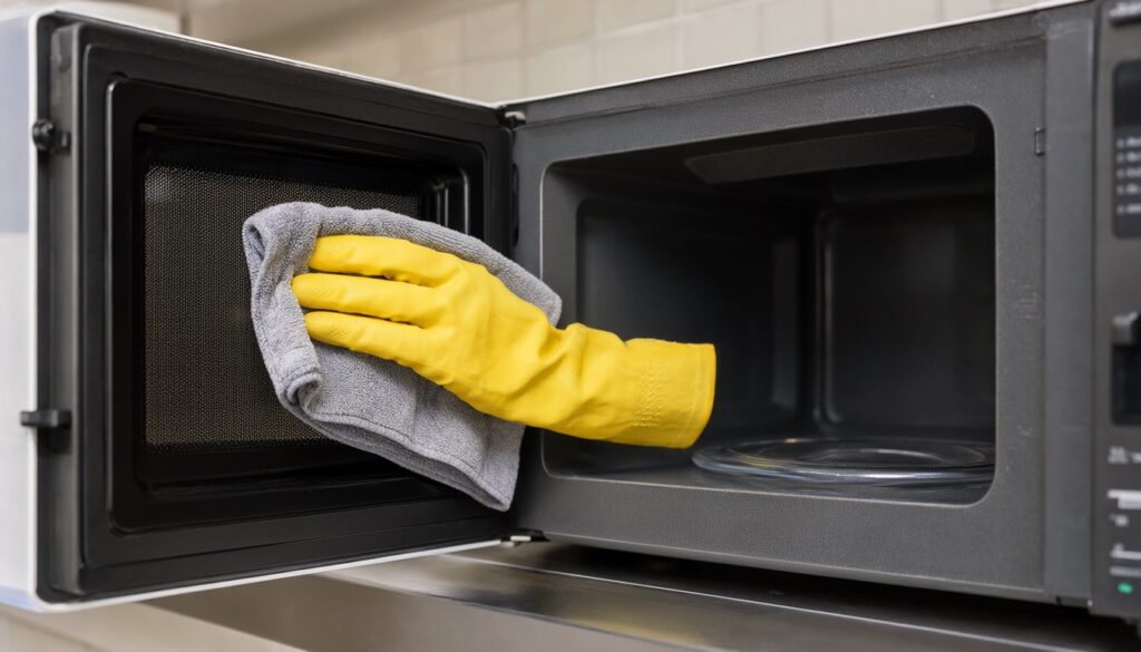 Gloved hand wiping the inside of a microwave door and the edge where it closes against the cavity