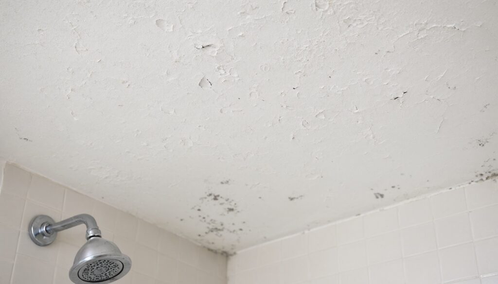 Blistered, bubbling ceiling paint with small mildew spots above a shower and tub