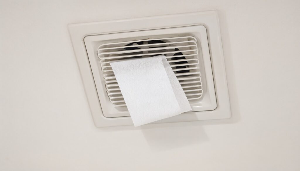 A sheet of toilet paper held against a bathroom exhaust fan grille by suction, showing the fan is pulling air