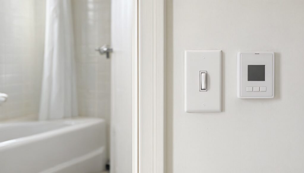 Fan timer switch next to the light switch on a bathroom wall, with the tiled tub in the background