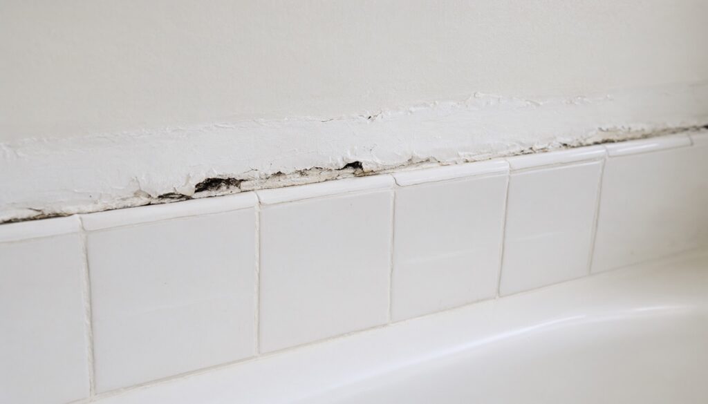 Cracked, mildewed caulk along the top edge of the tile, with paint lifting on the wall above