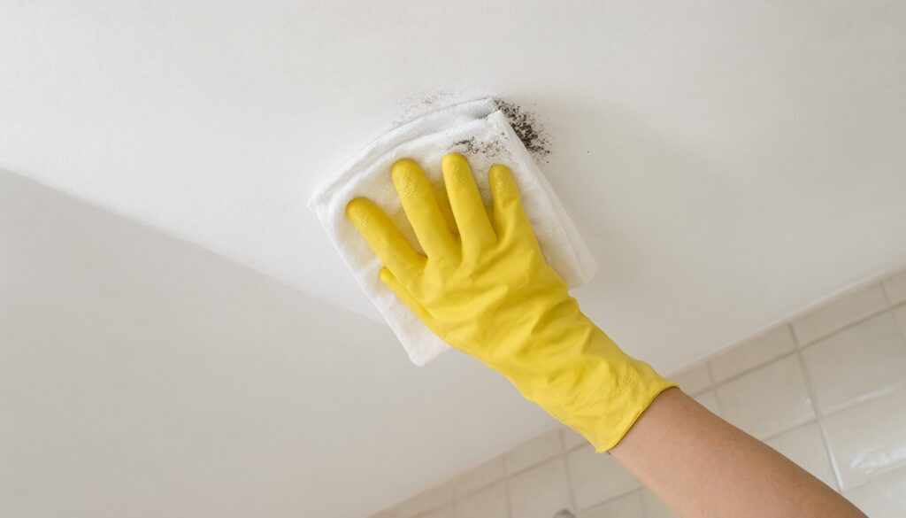 Gloved hand wiping mildew spots off a bathroom ceiling before repainting
