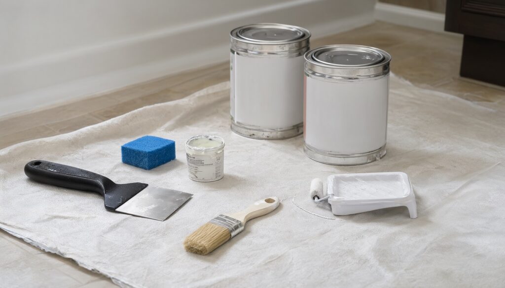 Bathroom paint repair supplies on a drop cloth: putty knife, sanding sponge, spackle, primer and paint cans, brush, roller and tray
