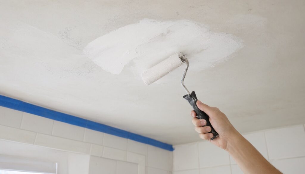 Small roller applying primer over a scraped and patched patch of bathroom ceiling above a tub