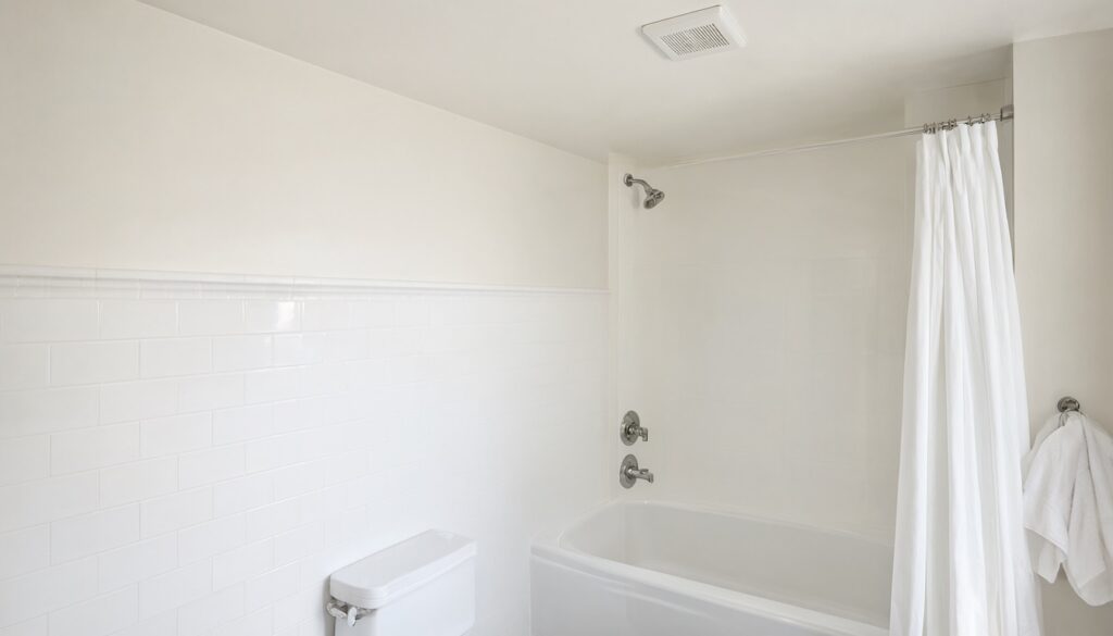 Freshly painted bathroom ceiling and wall above a tiled tub, with an exhaust fan in the ceiling
