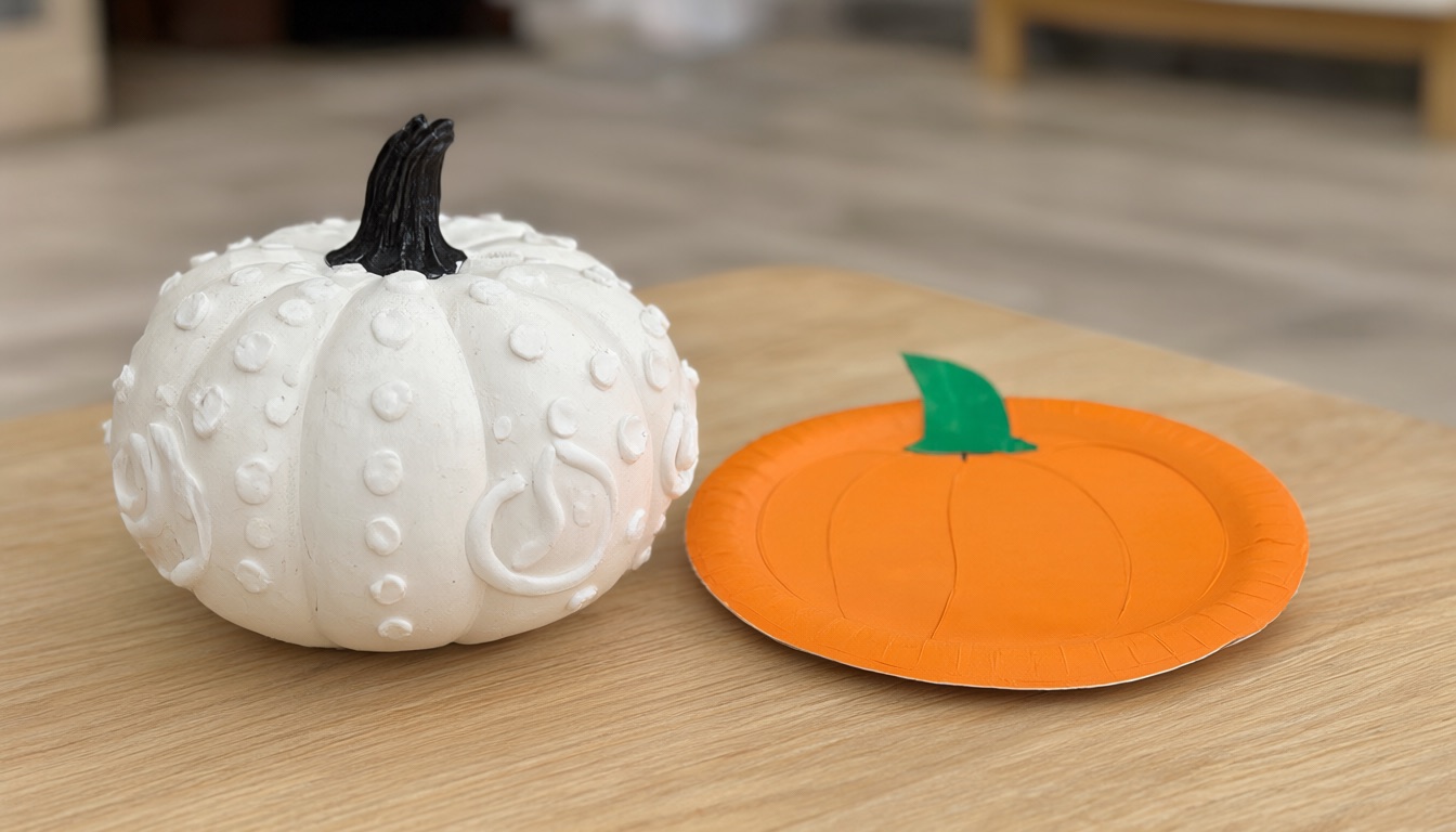 A white faux pumpkin decorated with raised white puffy paint dots and swirls next to a child's orange paper-plate pumpkin craft, on a light wood craft table