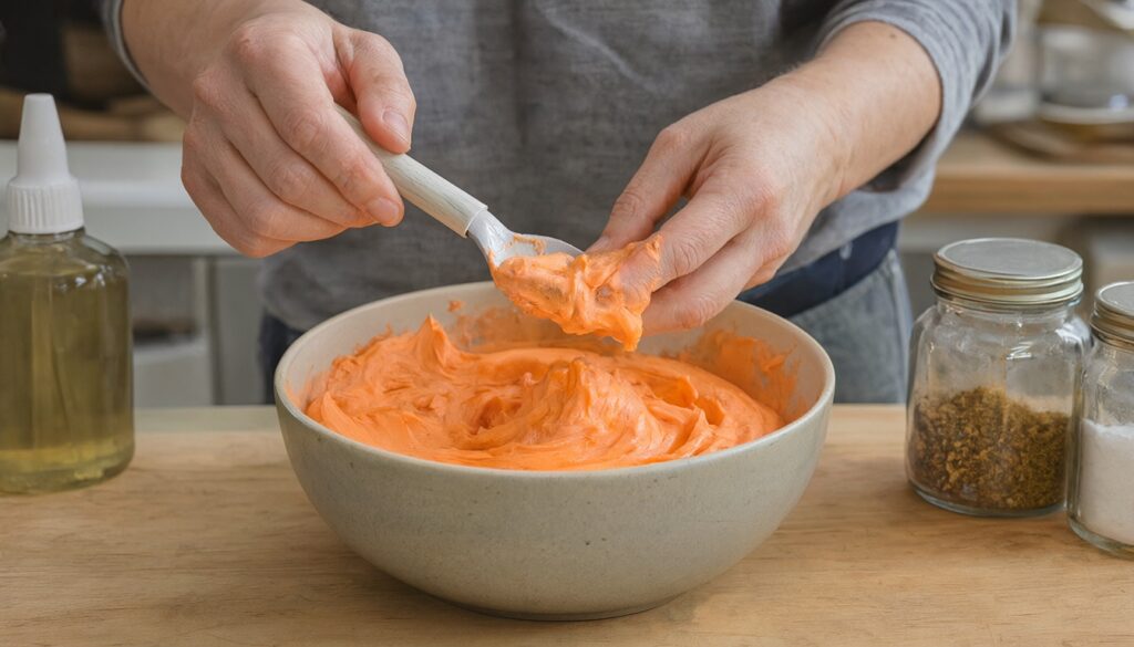 Bowl of orange shaving cream puffy paint being folded with a spoon, glue bottle and spice jar nearby