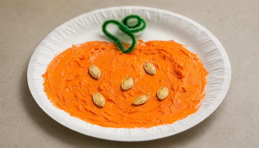 A child's paper-plate craft lying flat to dry on a table: a white paper plate covered in raised orange puffy paint in the shape of a pumpkin, decorated with real pumpkin seeds pressed into the paint and a curly green pipe-cleaner vine at the top.