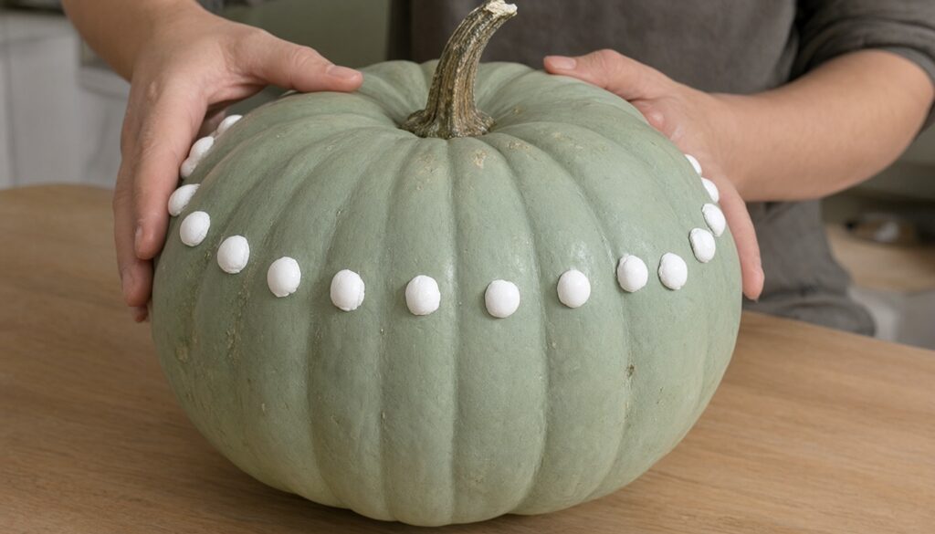 Hands piping white puffy paint dots along the ribs of a sage-green painted pumpkin resting on its side