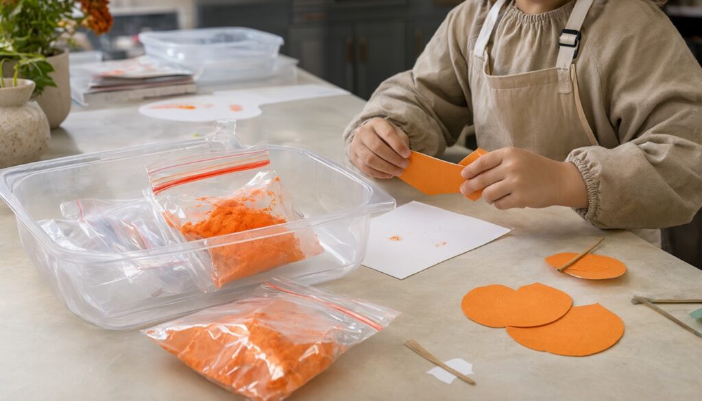 Kids craft setup on a table: plastic tray, small smocks, zip bags of orange puffy paint and paper pumpkin cutouts