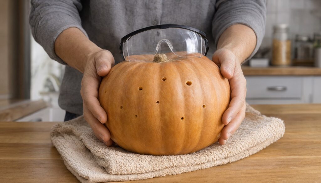 Hands in safety glasses and gloves drilling a pumpkin braced on a towel, small holes already done