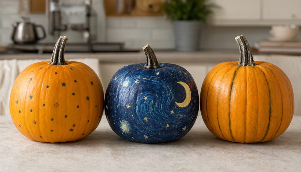 Three drilled pumpkins side by side: graduated dots, starry night with moon, vertical rib stripes