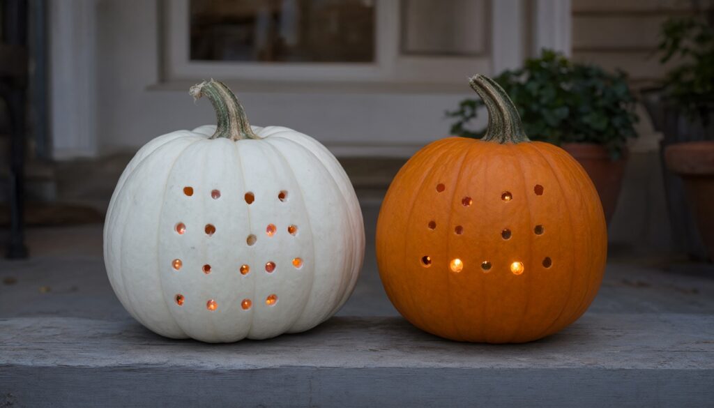 On a porch step at dusk: a white foam craft pumpkin and a real orange pumpkin side by side, both drilled with patterns of small round holes and both lit from inside with LED lights so the dots glow.