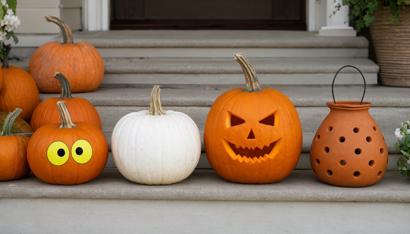 A porch step lined with pumpkins at four effort levels: a sticker-eyed mini, a painted white pumpkin, a simple carved face and a drilled-dot lantern