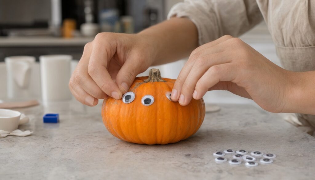 A small child's hands pressing googly eyes onto a small orange pumpkin on a kitchen table, craft supplies nearby