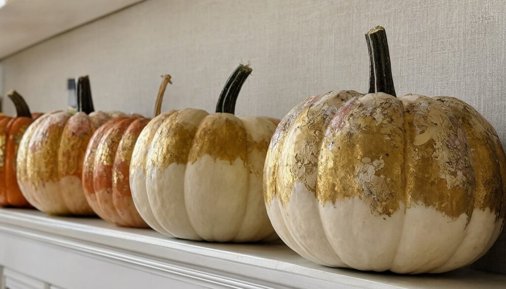 A row of painted pumpkins: two-tone dipped, gold-leaf patches and lace decoupage on a mantel