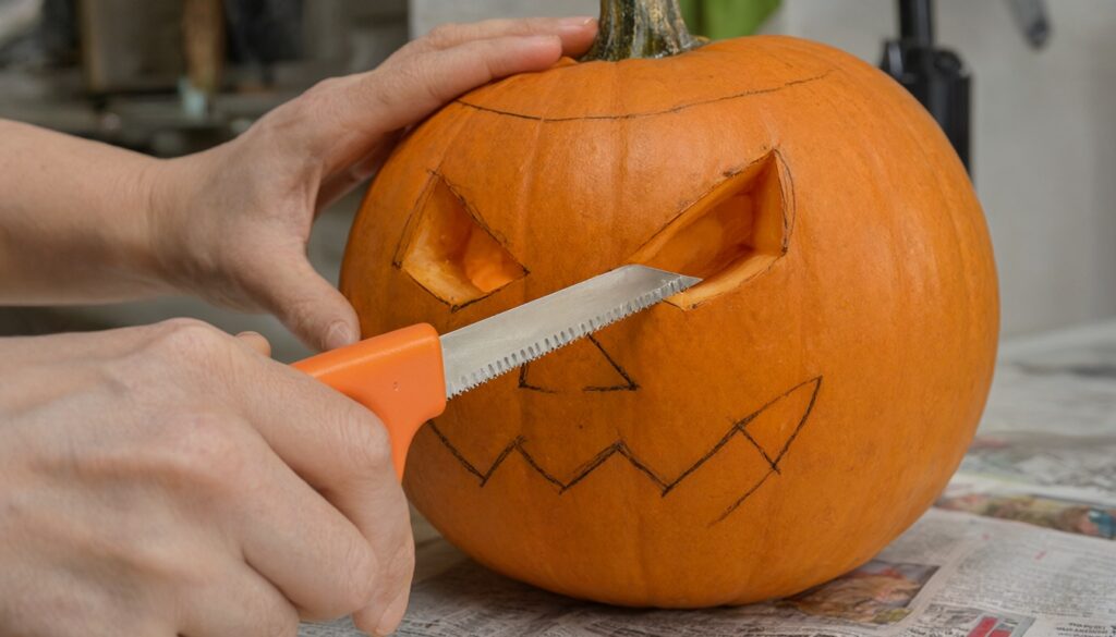 Close-up of hands cutting a triangle eye into the front of an orange pumpkin with a small orange-handled serrated pumpkin carving saw, black marker sketch lines of the face visible on the pumpkin skin, on a kitchen table covered with newspaper.