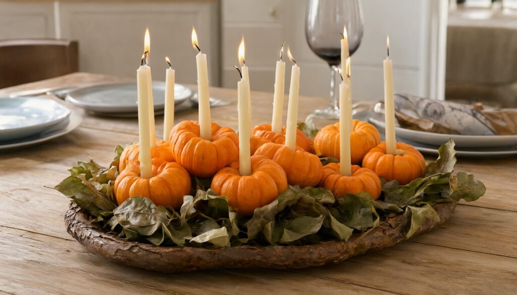 Dining table centerpiece of small pie pumpkins holding flameless taper candles on a bed of leaves