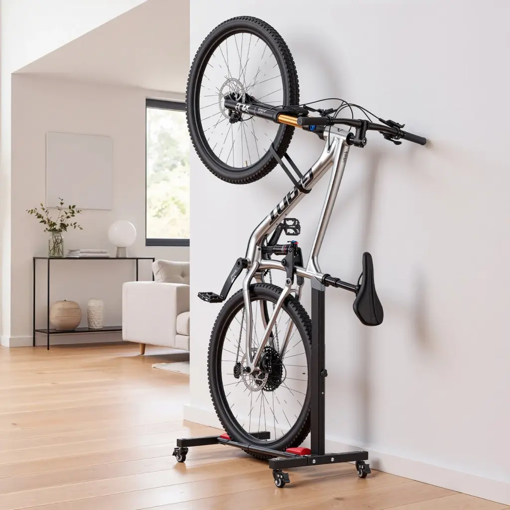 Rolling bike rack on locking casters holding several bikes in a garage