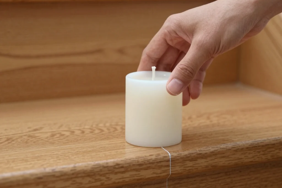 rubbing a plain white candle along the seam of a wood stair tread