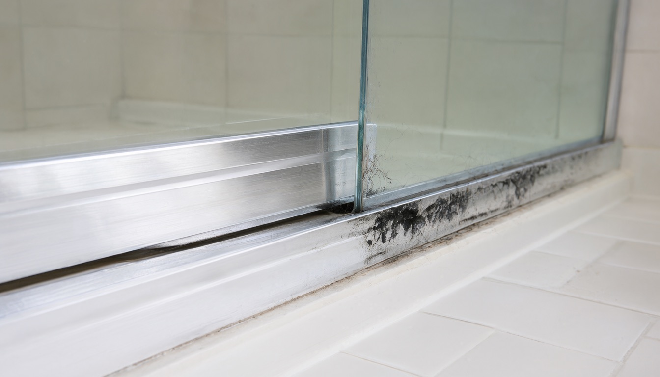 Black mildew gunk building up in the bottom track of a sliding glass shower door