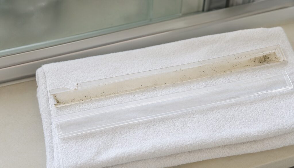 Old mildew-stained shower door bottom sweep next to a new clear replacement sweep