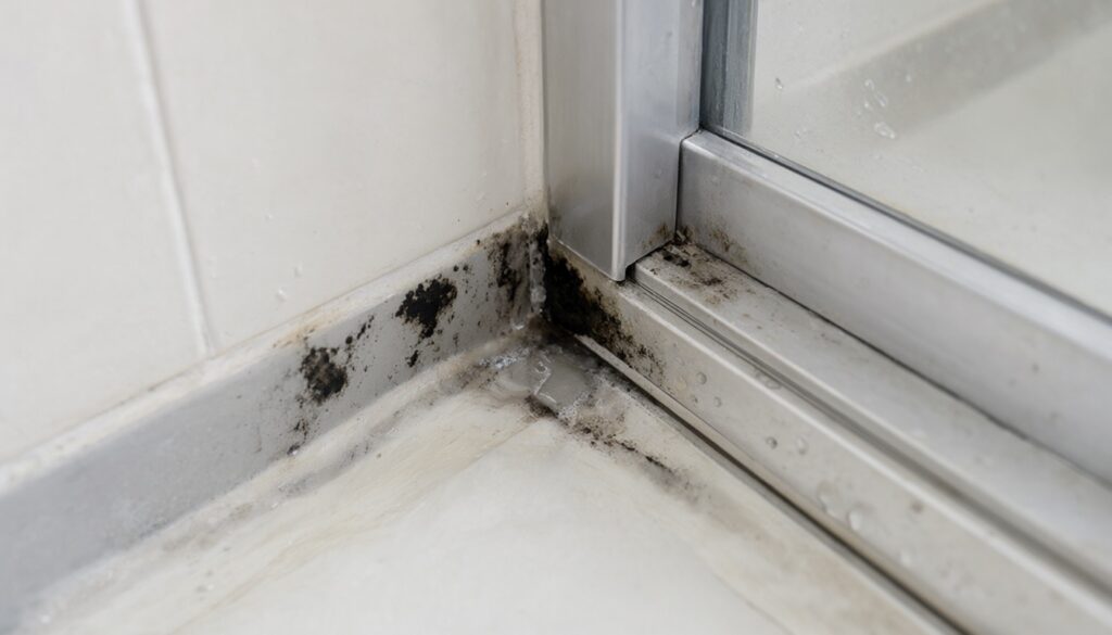 Black mildew collected in the corner of a shower door track where it meets the tiled wall