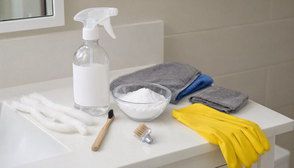 Shower track cleaning supplies: vinegar spray bottle, baking soda, toothbrush, detail brush, pipe cleaners, cloths and rubber gloves