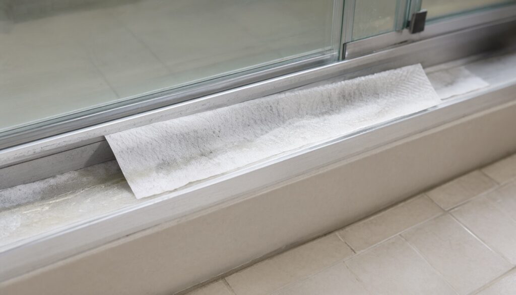 Vinegar-soaked paper towel strips laid in a sliding shower door track to loosen soap scum