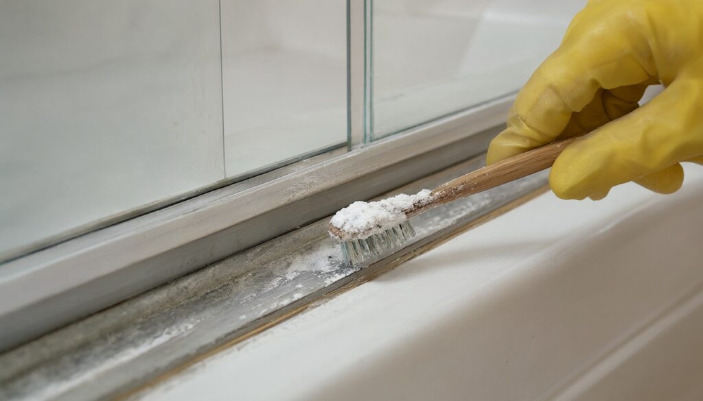 Gloved hand scrubbing baking soda paste into the corner of a shower door track with a toothbrush